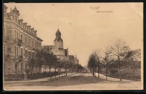 AK Rastatt, Bahnhofstrasse mit Kirche