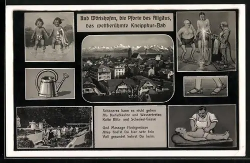 AK Bad Wörishofen /Allgäu, Ortsansicht, Gäste beim Wassertreten und Mann während Massage