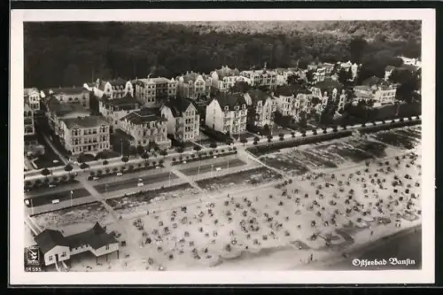AK Bansin, Strand und Promenade, Fliegeraufnahme