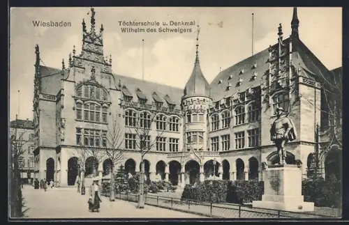 AK Wiesbaden, Töchterschule u. Denkmal Wilhelm des Schweigers