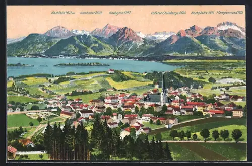 AK Prien am Chiemsee, Ortsansicht mit Hochfelln, Hochplatte, Kampenwand