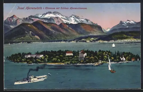 AK Insel Herrenwörth i. Chiemsee, Schloss Herrenchiemsee, Dampfer