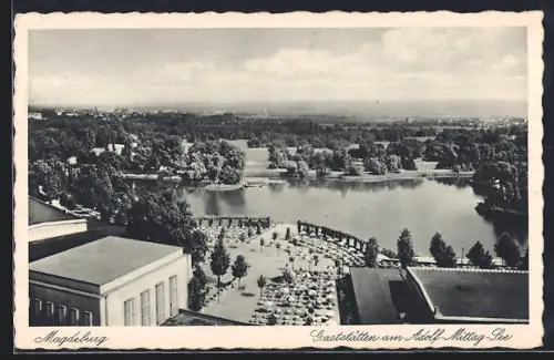 AK Magdeburg, Gaststätten am Adolf-Mittag-See aus der Vogelschau
