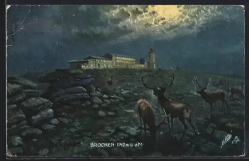AK Brocken, Nachtszene mit Rehwild
