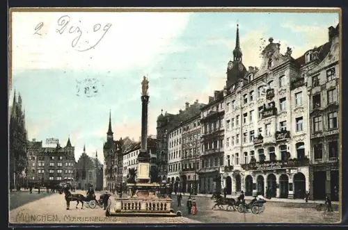 AK München, Marienplatz, gestanztes Denkmal, Hotel Peter Hof, Kutschen und Passanten