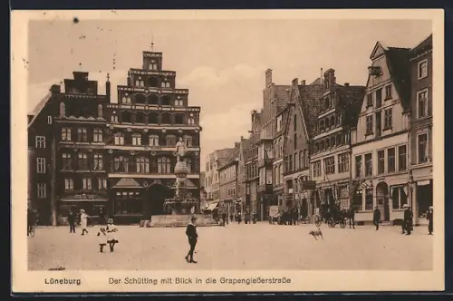 AK Lüneburg, Schütting mit Blick in die Grapengiesserstrasse u. Brunnen