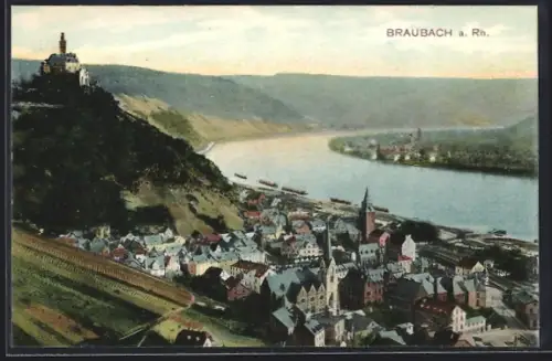 AK Braubach a. Rh., Ortsansicht mit Flusslauf