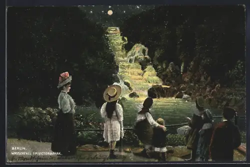 AK Berlin-Kreuzberg, Wasserfall im Victoriapark bei Nacht