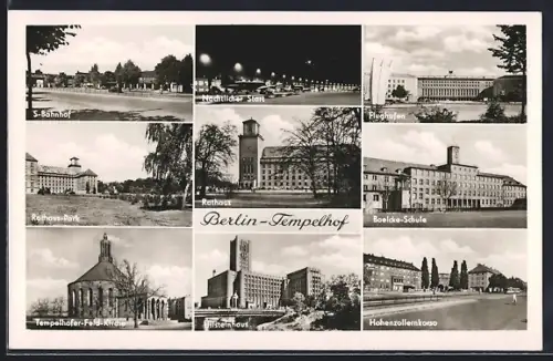 AK Berlin-Tempelhof, das Rathaus, S-Bahnhof, Flughafen, Boelcke-Schule, Feld-Kirche, Ullsteinhaus