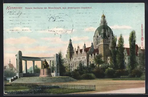 AK Hannover, Neues Rathaus im Maschpark mit Bennigsen-Denkmal