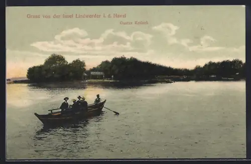AK Berlin-Lindwerder i. d. Havel, Blick auf die Insel mit Ruderboot