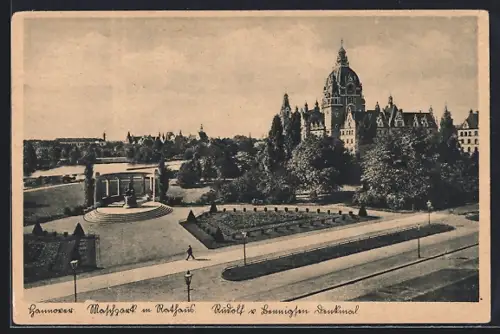 AK Hannover, Maschpark u. Rathaus mit Rudolf v. Bennigsen-Denkmal