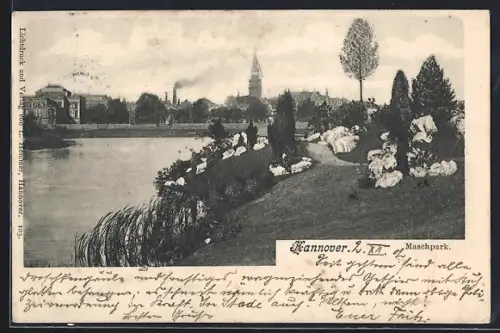 AK Hannover, Maschpark mit Stadtpanorama