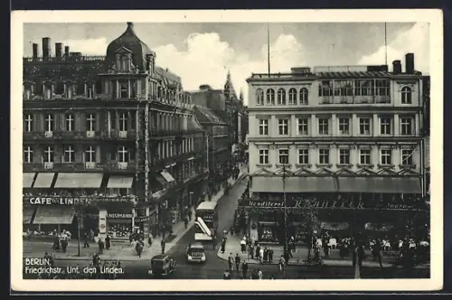 AK Berlin, Friedrichstrasse Ecke Unter den Linden aus der Vogelschau, Cafes Linden u. Kranzler