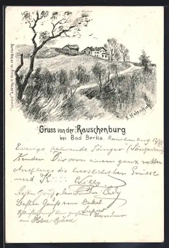 Künstler-AK Bad Berka, Landschaftsblick an der Rauschenburg