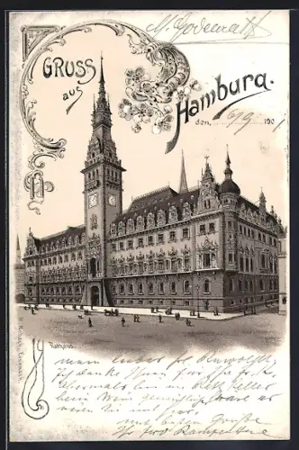 Lithographie Hamburg, Blick zum Rathaus