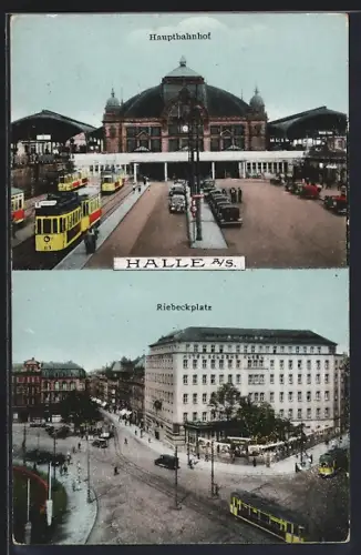 AK Halle / Saale, Hauptbahnhof, Riebeckplatz, Strassenbahn