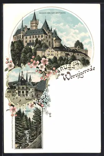 Lithographie Wernigerode, Rathaus, Schloss von der Westseite, Renne