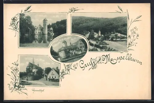 AK Mespelbrunn, Ortsansicht aus der Vogelschau, Schloss, Kirche