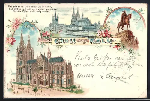 Lithographie Köln a. Rh., Südseite vom Dom, Statue von Friedrich Wilhelm III.