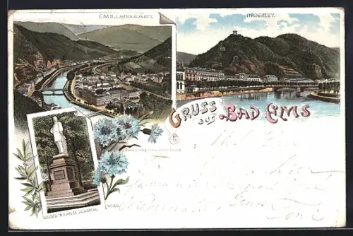 Lithographie Bad Ems, Panorama Lahnabwärts, Baderley & Kaiser Wilhelm Denkmal