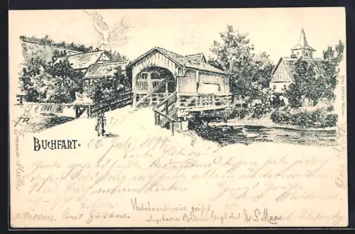Künstler-AK Buchfart, Brücke zum Ortskern