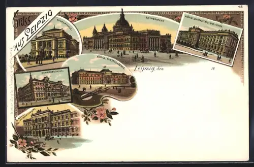 Lithographie Leipzig, Reichsgericht, Gewerbeschule, Königl. Kunstacademie