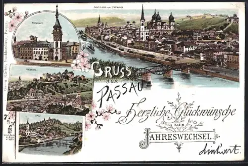 Lithographie Passau, Blick auf das Rathaus, Teilansicht vom Stadtberg aus, Blick auf Oberhaus