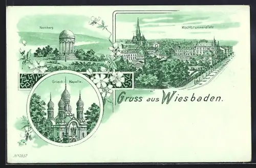 Lithographie Wiesbaden, Blick auf den Kochbrunnenplatz, Die Griech-Kapelle, Der Neroberg