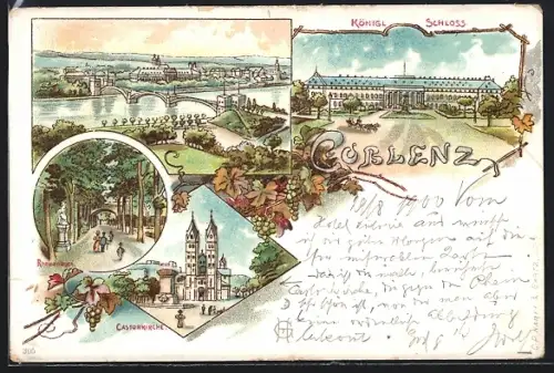 Lithographie Coblenz, Das königlische Schloss, Brücke über den Rhein, Rheinanlagen, Castorkirche
