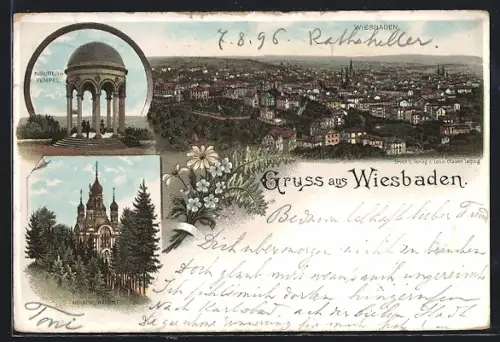 Lithographie Wiesbaden, Totalansicht über die Stadt, Nerobergtempel, Griech-Kapelle
