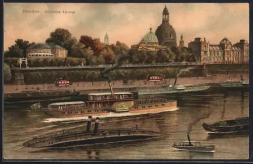Künstler-AK Dresden, Brühl`sche Terrasse mit Dampfer König Albert und Strassenbahn