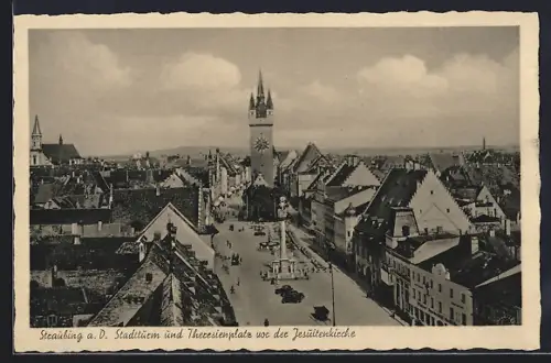 AK Straubing, Stadtturm und Theresienplatz vor der Jesuitenkirche