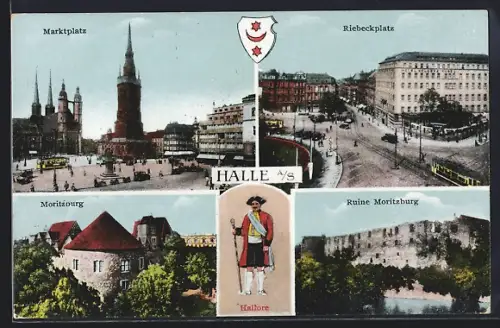 AK Halle / Saale, Marktplatz, Riebeckplatz, Ruine Giebichenstein, Ruine Moritzburg