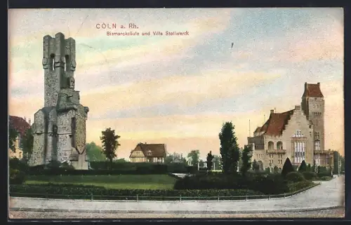 AK Köln-Marienburg, Bismarcksäule und Villa Stollwerck