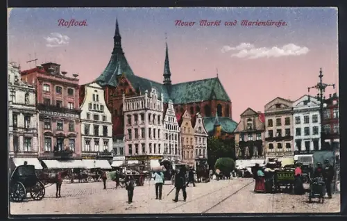 AK Rostock, Neuer Markt und Marienkirche, Pferdegespann