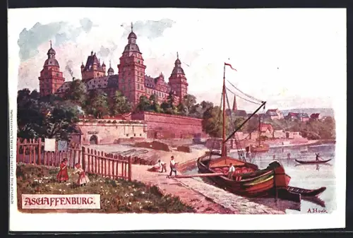 Künstler-AK Aschaffenburg a. M., Blick vom Main zum Schloss Johannisburg
