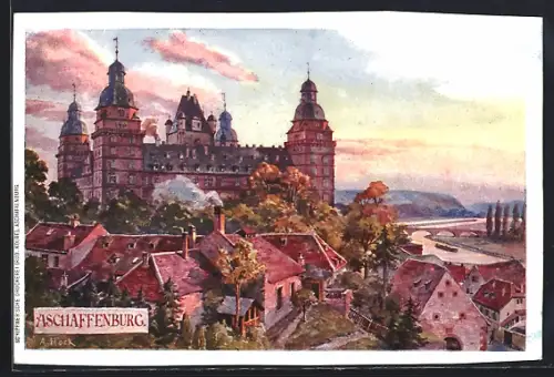 Künstler-AK Aschaffenburg, Schloss Johannisburg, Stadtansicht