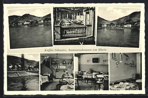 AK Assmannshausen, Kaffee Schuster, Bahnhofstrasse 14, Innenansichten & Ortsansichten