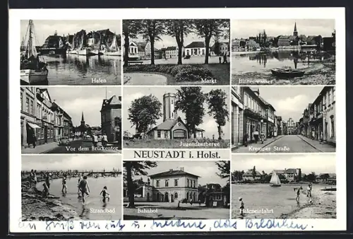 AK Neustadt i. Holst., Kremper Strasse mit Geschäften, Jugendherberge, Bahnhof