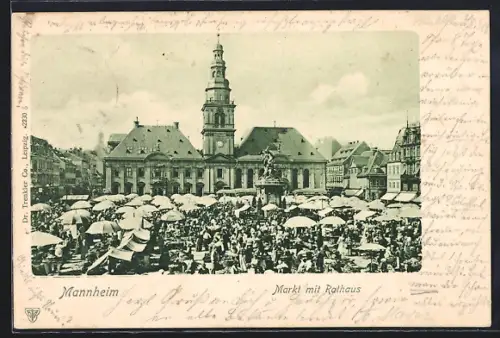 AK Mannheim, Markt mit Rathaus und Denkmal