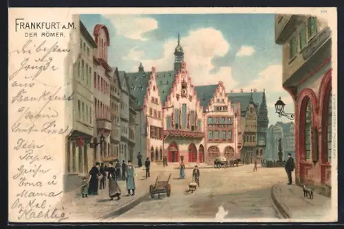 Lithographie Alt-Frankfurt, Der Römer mit Passanten