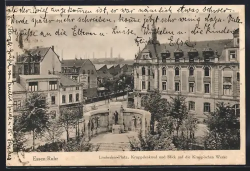 AK Essen /Ruhr, Limbecker-Platz mit Kruppdenkmal und Blick auf die Krupp`schen Werke