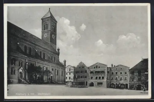 AK Kraiburg a. Inn, Marktplatz mit Kirche und Brunnen