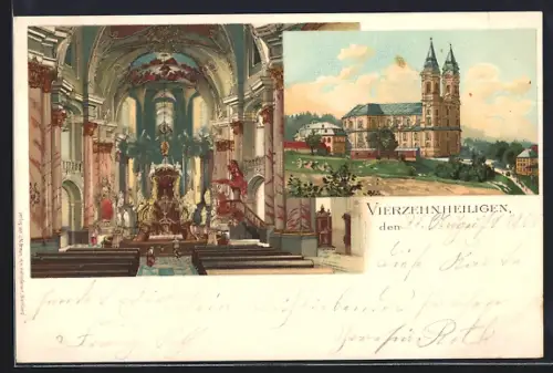 Lithographie Bad Staffelstein, Basilika Vierzehnheiligen, Aussen- und Innenansicht