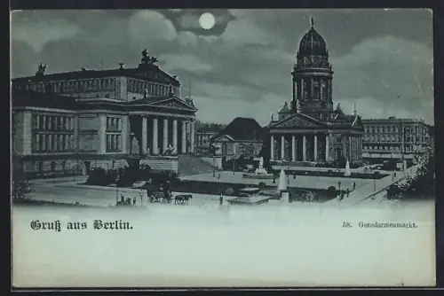 Mondschein-AK Berlin, Gendarmenmarkt mit Denkmal