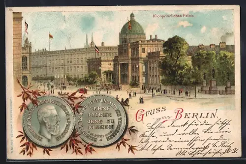 Lithographie Berlin, Kronprinzliches Palais, Medaillen mit Kaiser Wilhelm II