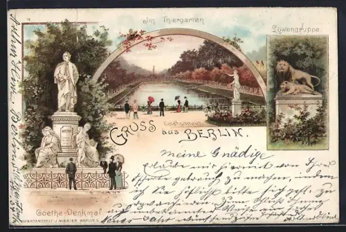 Lithographie Berlin-Tiergarten, Goldfischteich, Löwengruppe, Goethe-Denkmal