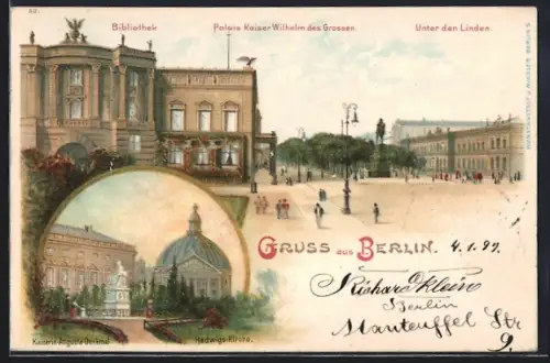 Lithographie Berlin, Bibliothek, Palais Kaiser Wilhelm, Unter den Linden, Hedwigs-Kirche
