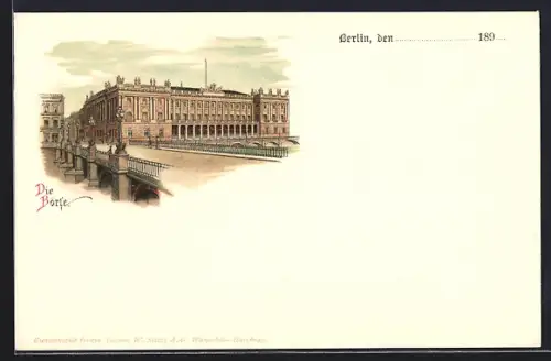 Lithographie Berlin, Börse in der Burgstrasse mit Brücke